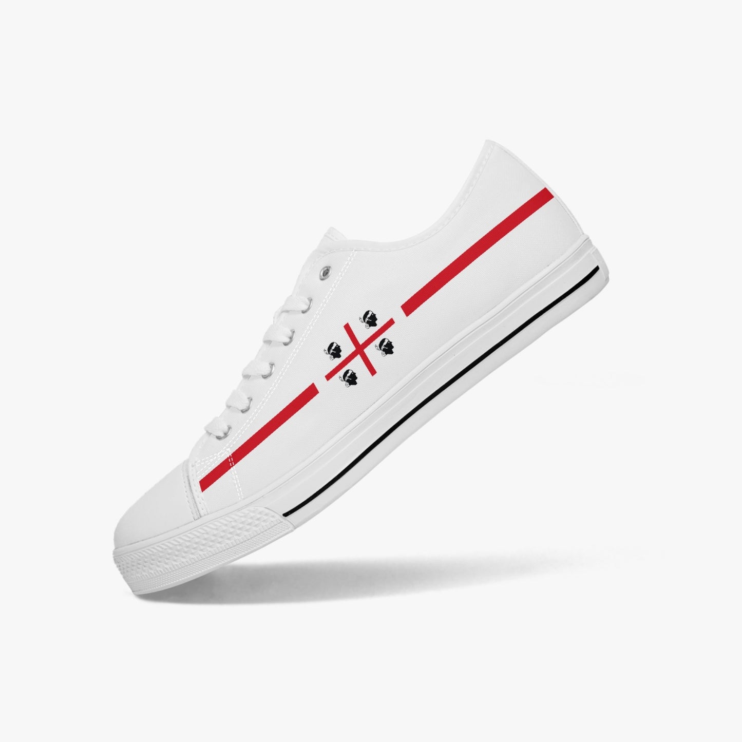 Low-Top Shoes Sardinia feature a white canvas design with red stripes, accented by a black and red cross, ideal for versatile, classic style.