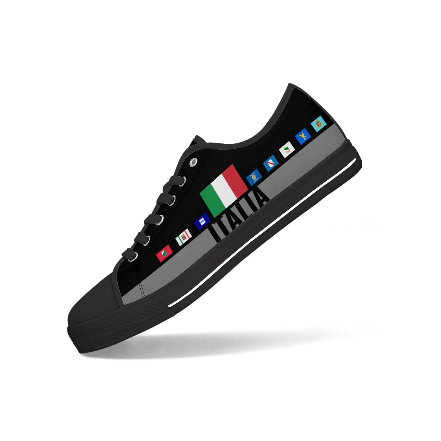 Italy regions black Shoes Low-top V2 featuring a canvas upper with a flag design, metal eyelets, and lace-up closure for a classic look.