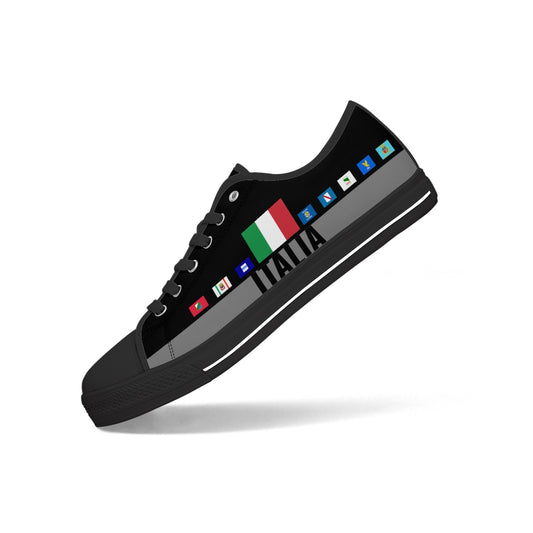 Italy regions black Shoes Low-top V2 featuring a canvas upper with a flag design, metal eyelets, and lace-up closure for a classic look.