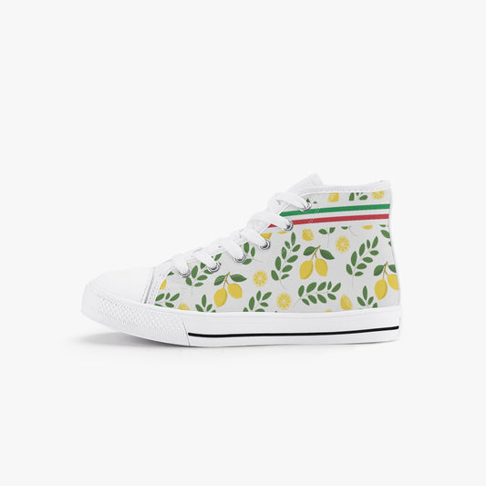 Kid’s High-Top Shoes Italian Lemon feature white canvas with yellow lemons and green leaves, designed for kids with rubber outsole and lace-up closure.