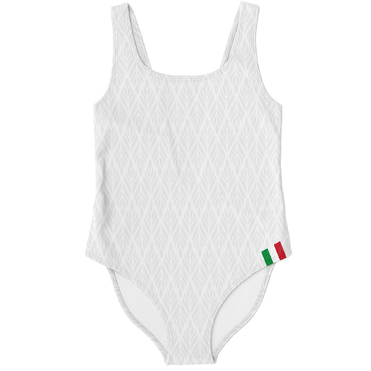 Italia One-Piece Swimsuit, white with vibrant green and red design, featuring soft fabric, high definition print, and four-way stretch for comfort and style.