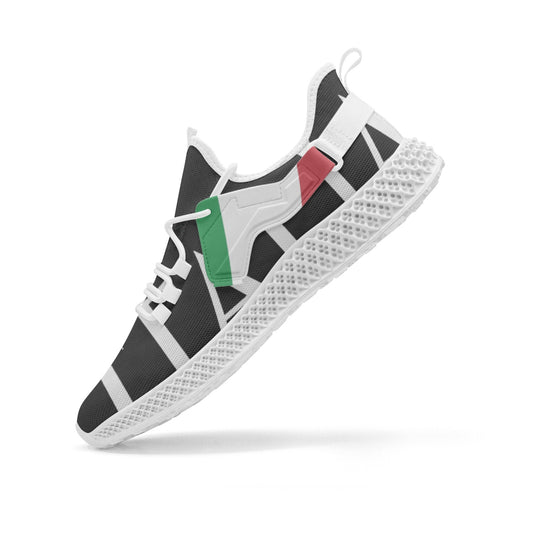 Italia Net Mesh Knit Sneakers Black featuring a black and white design with a green stripe, lace-up closure, and mesh upper for breathable comfort.