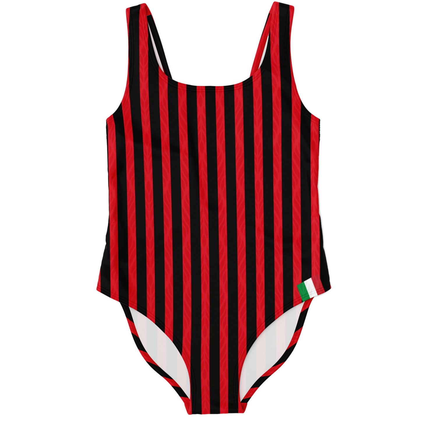 Milan One-Piece Swimsuit: sleek red and black striped design, perfect for beach or festival with soft, stretchy fabric and UPF 50+ protection.