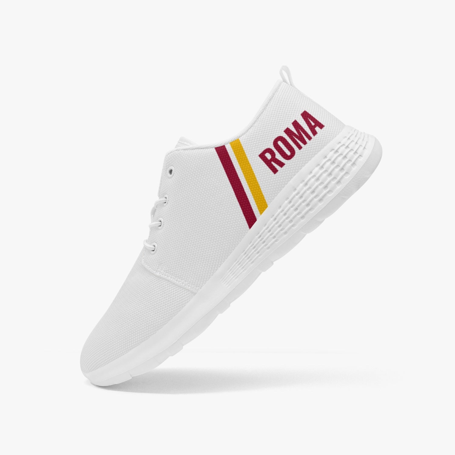 Roma Running Shoes with red and yellow accents, featuring breathable mesh, lightweight MD soles, and lace-lock style, available in men's and women's sizes.