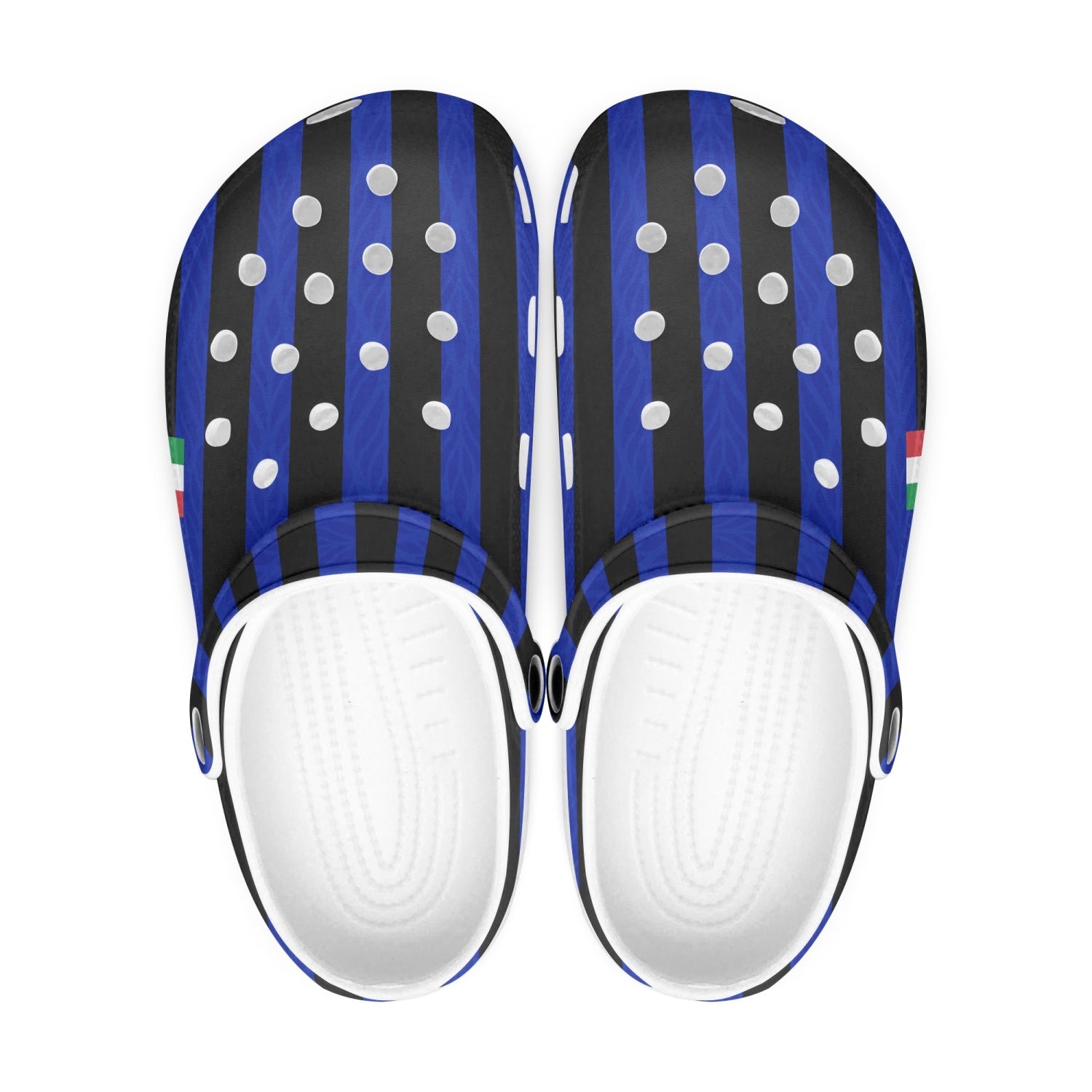Inter Clogs shoes with blue and black stripes feature a lightweight EVA upper and durable anti-slip outsole, ideal for both indoor and outdoor use.
