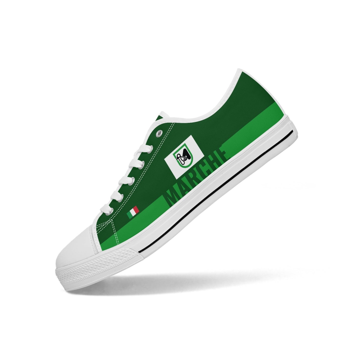 Marche Shoes Low-top V2, featuring a green and white canvas design with lace-up closure and rubber outsole, ideal for casual wear.
