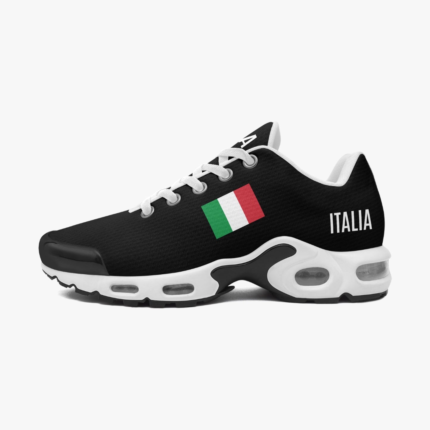 Italia Bounce Sneakers - Black, featuring a black and white design with a flag accent, offer lightweight durability, superior cushioning, and arch support for enhanced comfort and responsiveness.
