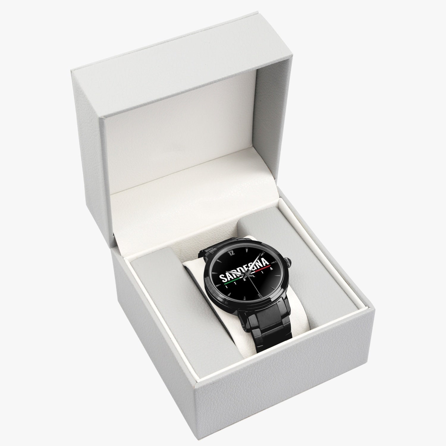 Sardegna Italia Automatic Movement Watch in box, featuring premium stainless steel case and strap, designed for unisex, suitable for business and casual occasions.