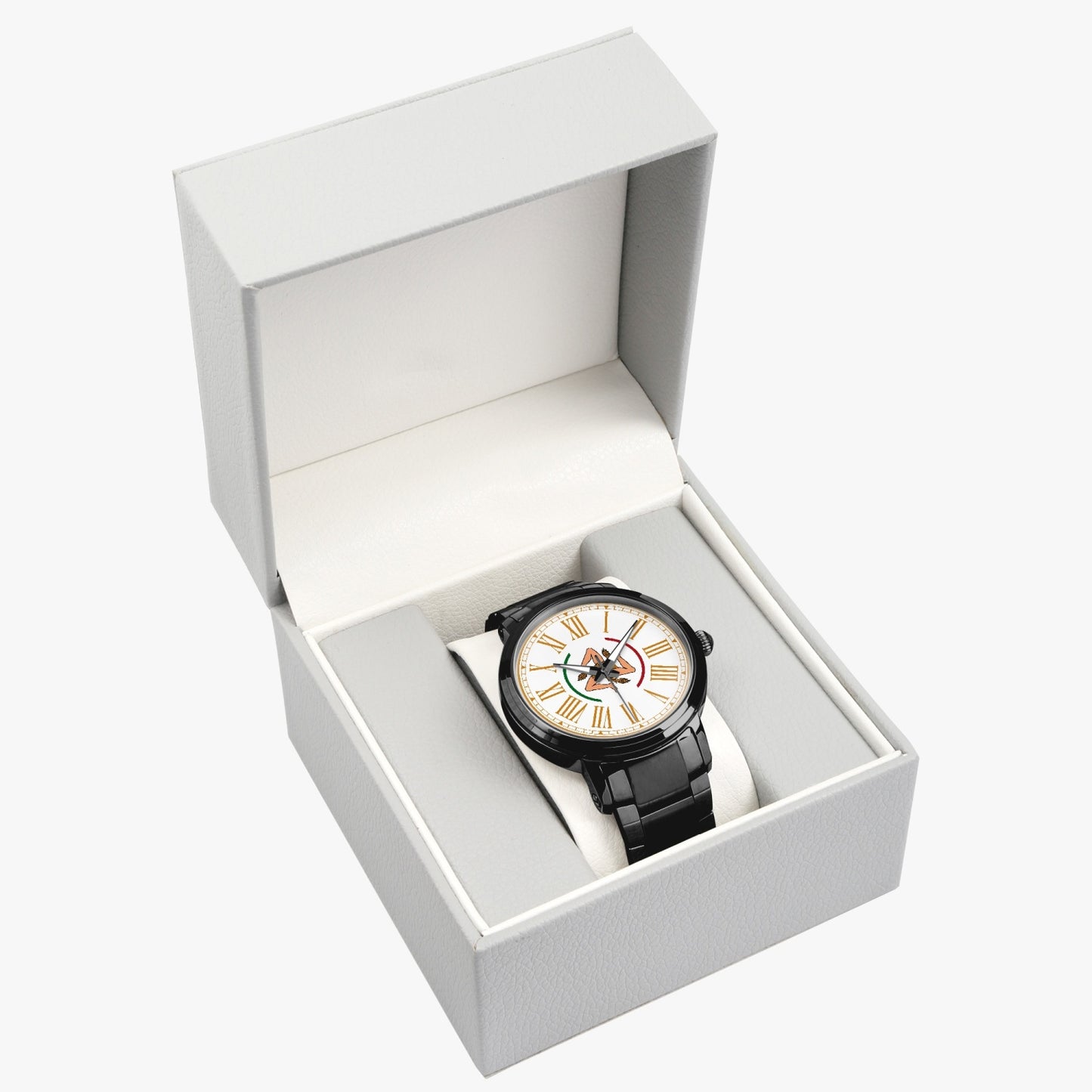 Automatic Watch Steel - Sicily in a box, showcasing its premium stainless steel design and classic analog display, highlighting its automatic mechanical movement and unisex appeal.