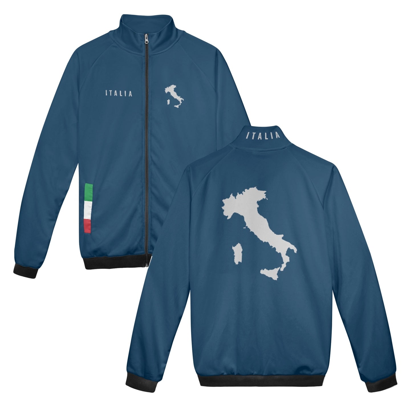 Italia zip Jacket blue navy featuring a map of Italy design, stylish stand collar, and roomy front pocket, ideal for celebrating Italian heritage.