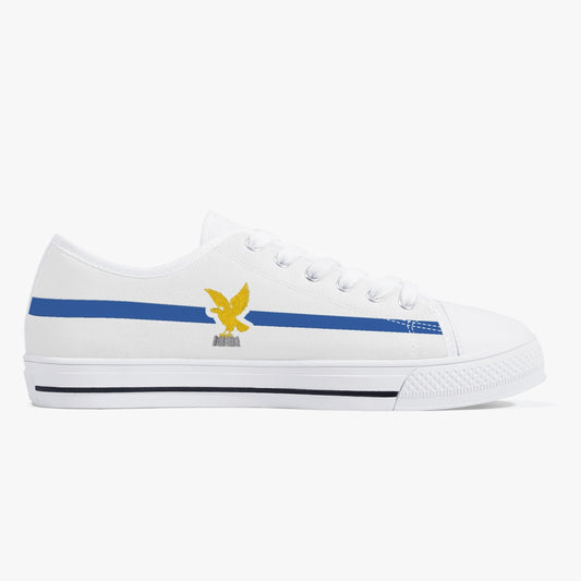 Low-Top Shoes - Friuli-Venezia Giulia - women's, featuring blue stripes, a yellow bird design, rubber outsole, and canvas upper with metal eyelets for a classic look.