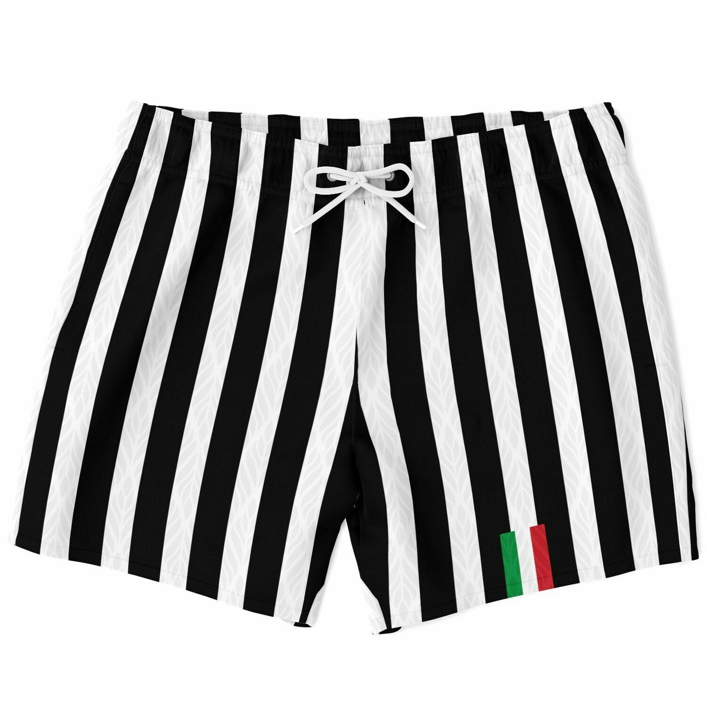 Juve Swim trunks with black and white stripes, featuring a drawstring waistband and mesh-lined pockets, designed for comfort and quick-dry performance.