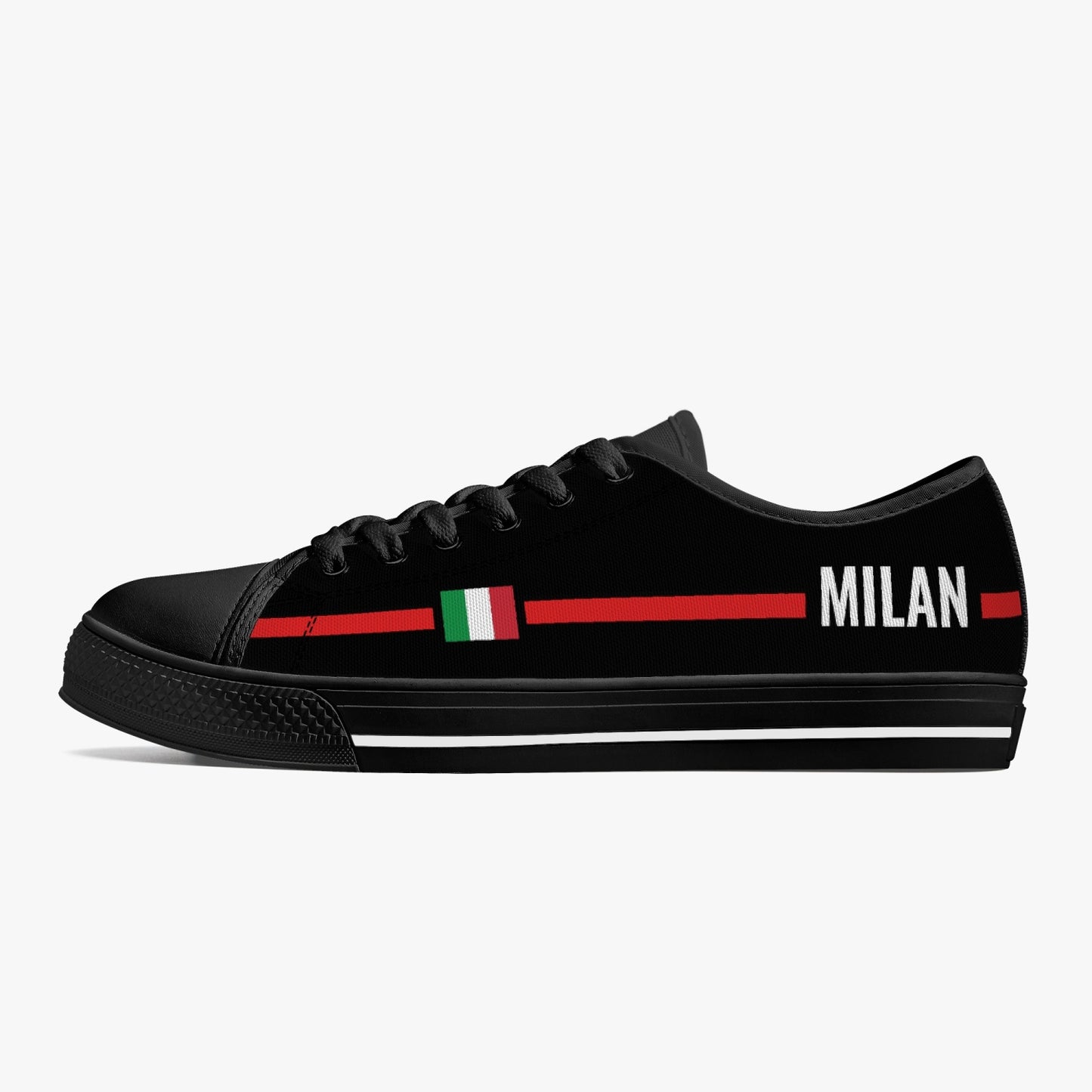 Low-Top Shoes - Milan - men's, featuring a black design with a red stripe and lace-up closure, showcasing Italian culture from Italiadistrict.com.
