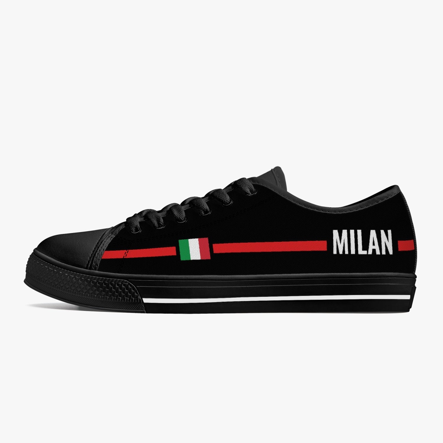 Low-Top Shoes - Milan - men's, featuring a black design with a red stripe and lace-up closure, showcasing Italian culture from Italiadistrict.com.