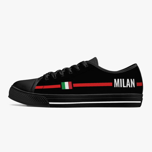 Low-Top Shoes - Milan - men's, featuring a black design with a red stripe and lace-up closure, showcasing Italian culture from Italiadistrict.com.
