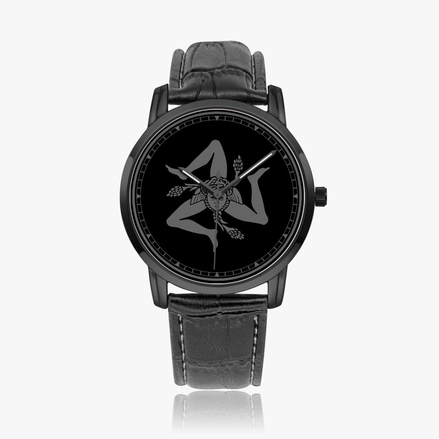 Quartz Watch - trinacria Sicilian: A sleek black watch with a black face and leather strap, featuring premium SEIKO movement and stainless steel case.