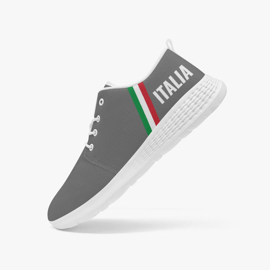 Italy Running Shoes - Forza Italia - Grey, showcasing a sleek design with a white sole and minimalist features for flexibility, ideal for outdoor exercise.