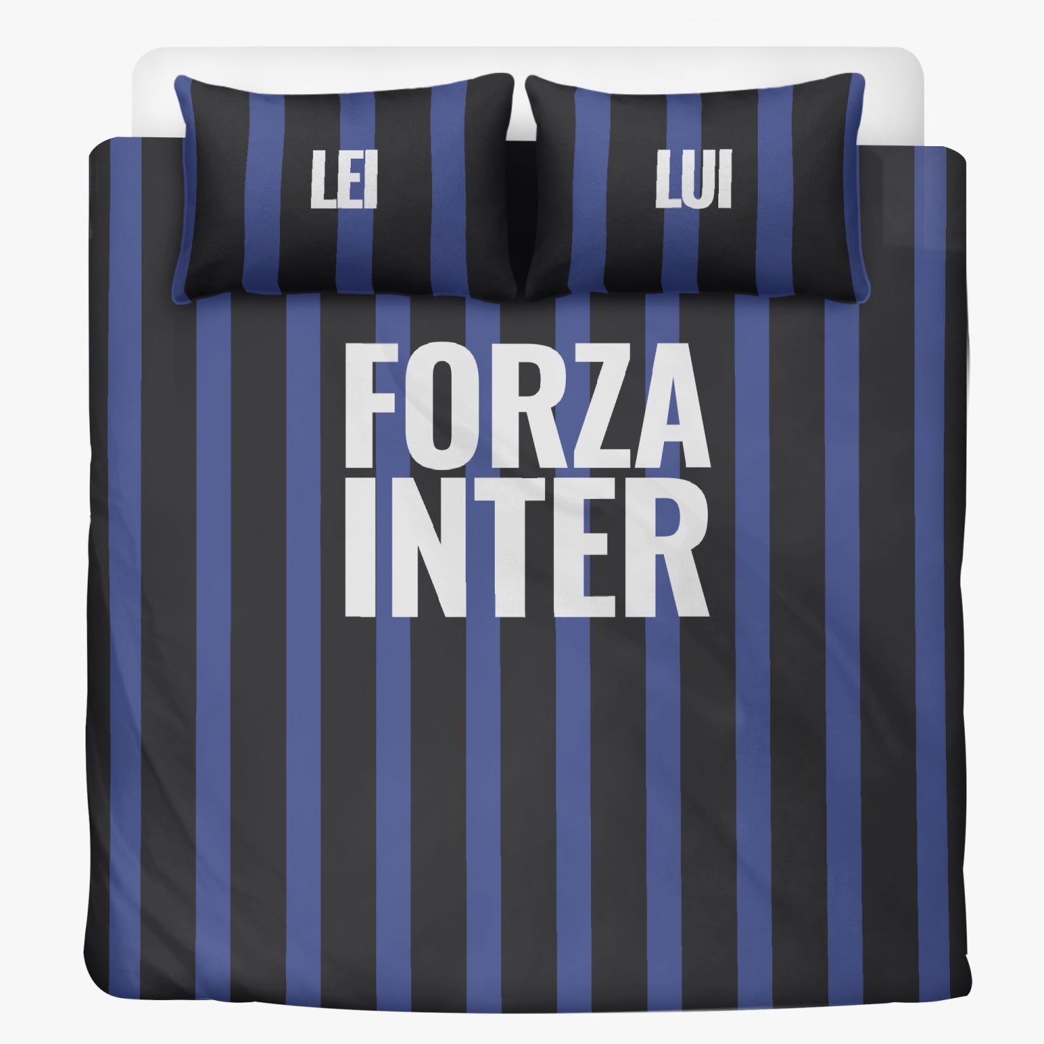 Bedding Set - Forza Inter: Premium polyester duvet and two pillow covers with blue and black stripes, featuring exquisite stitching and zipper closure.