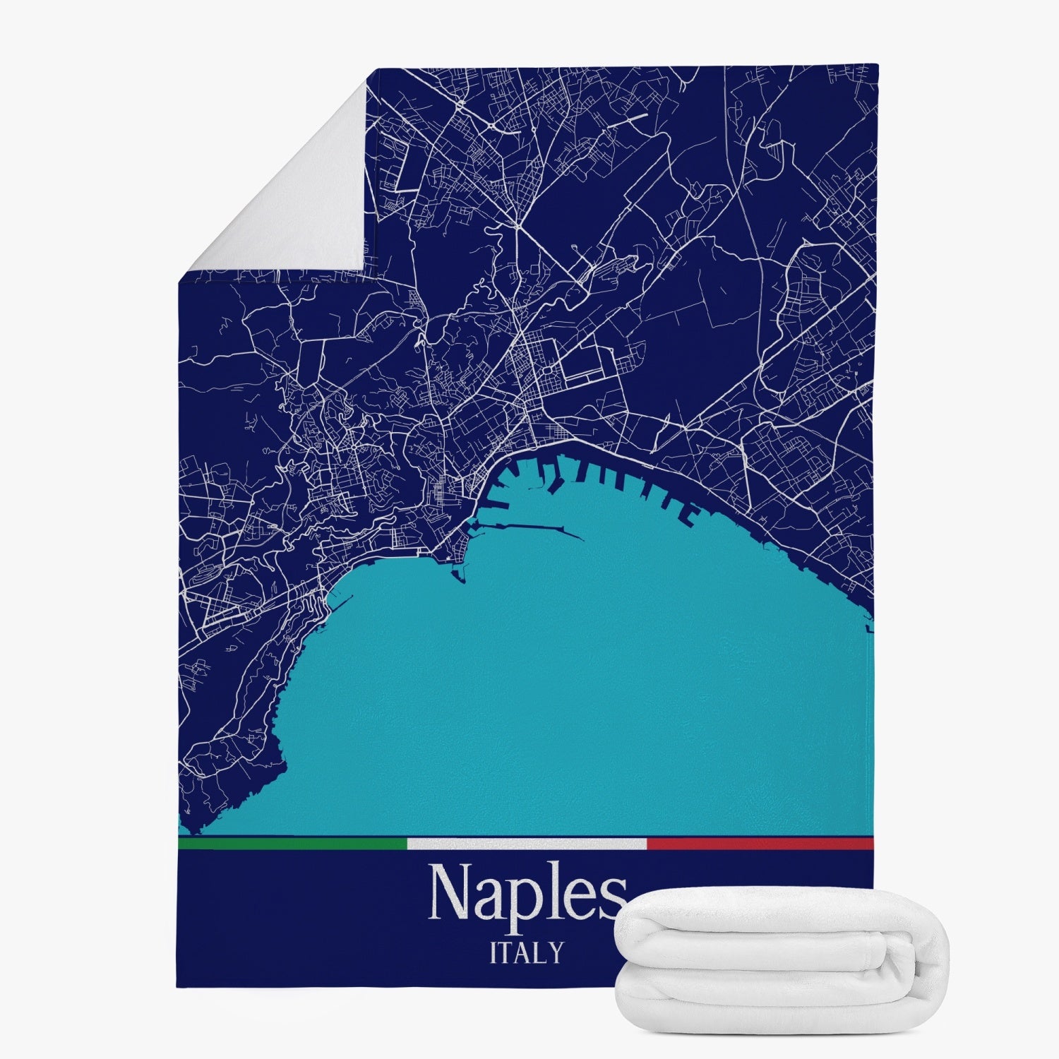 Naples City Map Fleece Blanket featuring a detailed city map design, crafted from premium suede polyester for warmth and comfort. Ideal for celebrating Italian heritage.