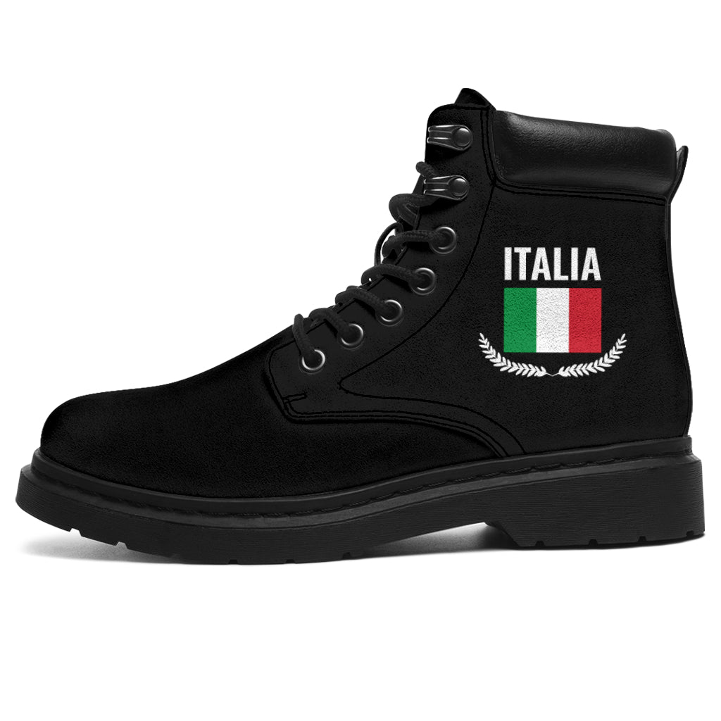 Men's All Seasons Boots, Italy ornament design, featuring logo, water-resistant micro-suede, eco-friendly, with memory foam insole and durable rubber outsole for style and performance.