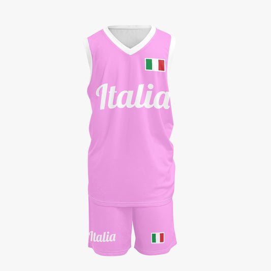 Italy Basketball Jersey Set - Pink featuring a slim fit, V-neck, and breathable polyester material, suitable for daily practice and official games.