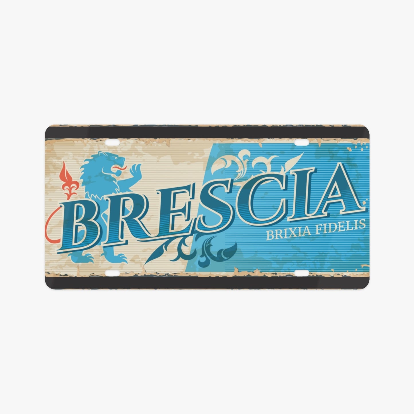 Brescia License Plate Italian Style, featuring elegant blue and white design, embodies Italian sophistication, enhancing your car's luxury with its durable aluminum construction.