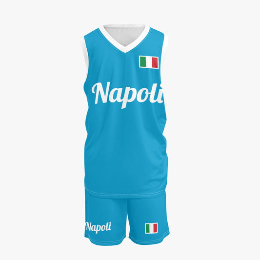 Napoli Basketball Jersey Set featuring a blue tank top and shorts with white text, designed for comfort and performance, ideal for active sports.