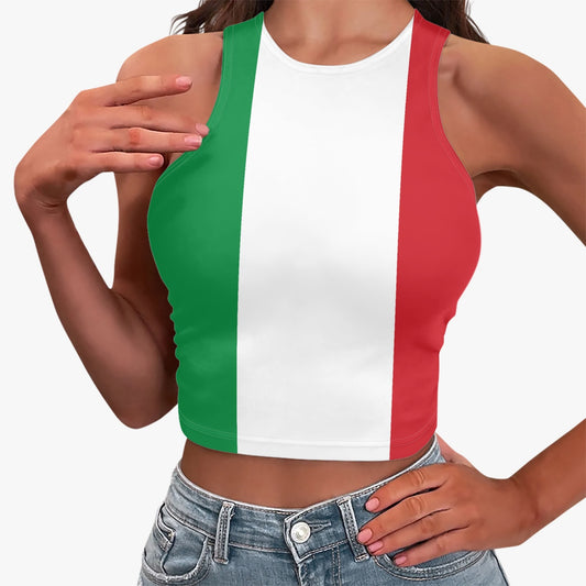 Italy Flag Crop Top worn by a woman, highlighting its flattering cropped design and tight fit, perfect for showcasing a stylish, versatile wardrobe essential.