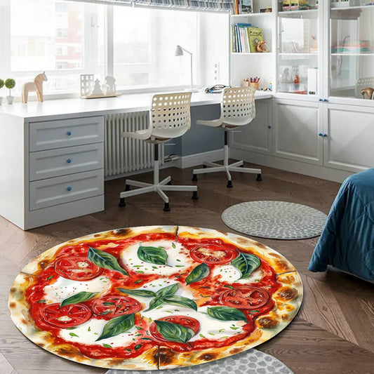 Round Pizza Carpet in a room with chairs and a bed, showcasing Italian flair; crafted from faux cashmere for comfort and style.