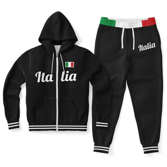 Italy Black Zip Hoodie & Jogger - AOP, featuring Italian flag details, high-definition print, and comfortable fit, ideal for casual wear and athletic activities.