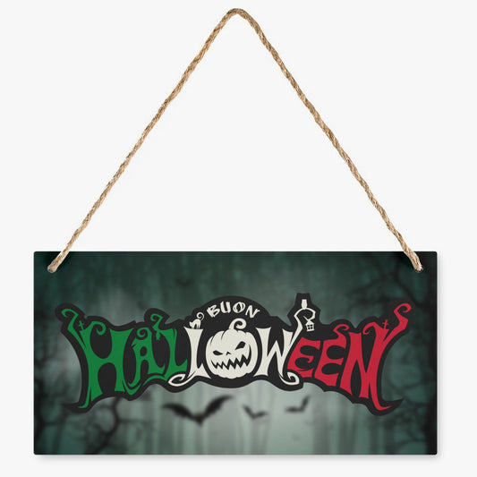 Buon Halloween Door Plaque with pumpkin and bats design, crafted from wood, measuring 9.8''x4.9''. Features a 16.9'' rope for hanging.