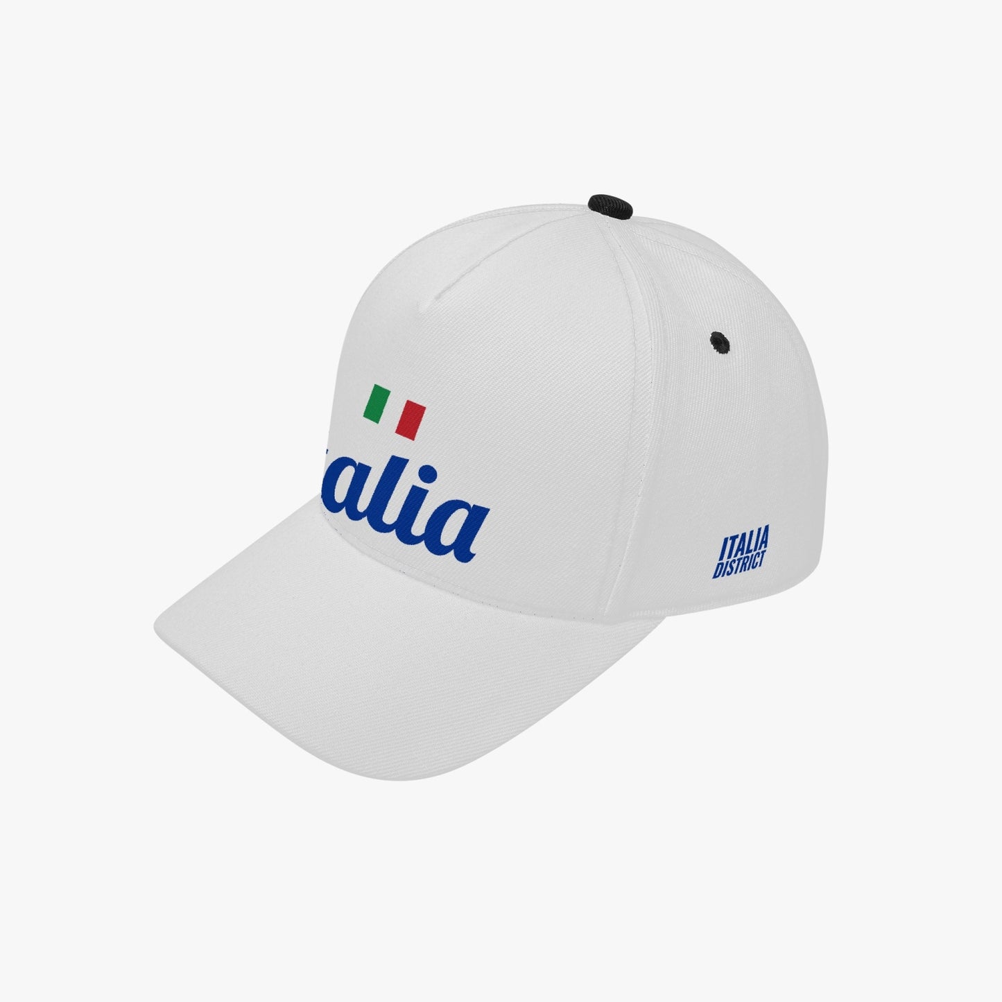 Italy - Baseball Cap White featuring blue text, crafted from premium canvas with a structured fit, adjustable closure, and breathable design, showcasing Italian-inspired style.