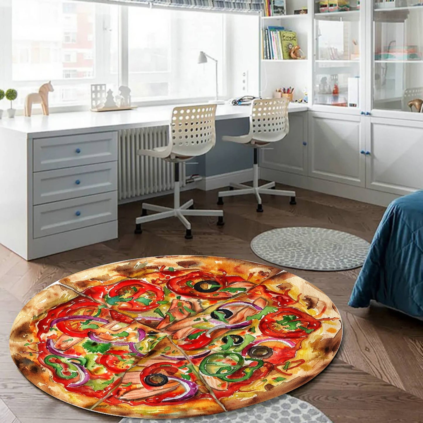 Vegetarian Pizza Carpet displayed on a floor, showcasing its faux cashmere texture and unique design, representing Italiadistrict.com's blend of Italian culture and lifestyle products.