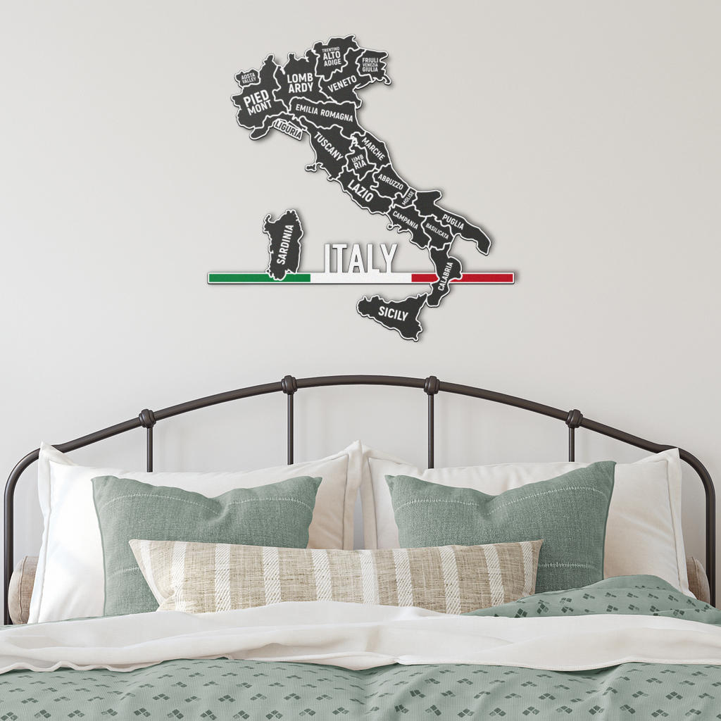 Italian Regions Map & Minimlaist Flag- Colored Metal Art