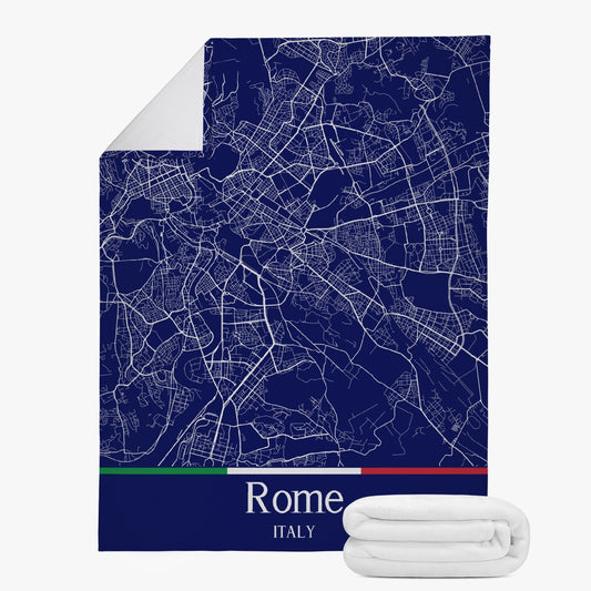 Rome City Map Fleece Blanket featuring premium suede polyester for a soft touch, with dual-sided stitching for warmth, showcasing a detailed map design.