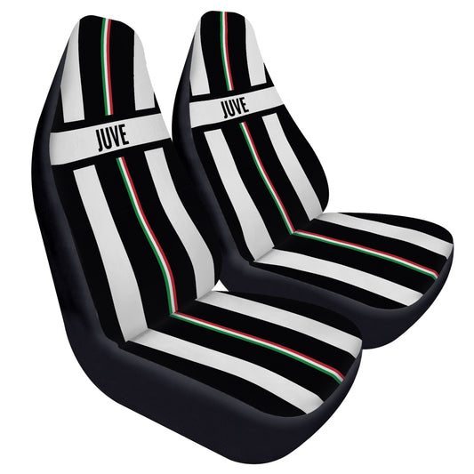 Juve Car Seats Cover 2Pcs displayed in black and white, designed for style and protection with premium microfiber fabric and elastic backing for easy installation.