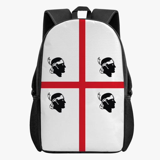 Sardinia Kid's School Backpack featuring flag and face silhouettes, designed for kids with large capacity, side pockets, and durable polyester and PVC fabric.