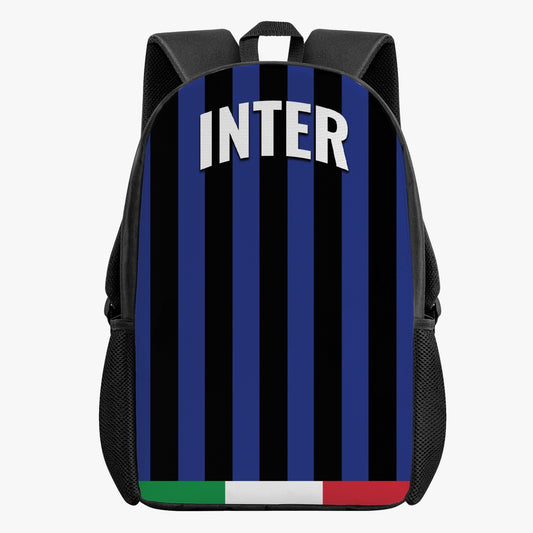 Inter Kid's School Backpack with striped design, features classic zipper closure, two side pockets, and spacious interior, crafted from high-quality polyester and PVC fabric.