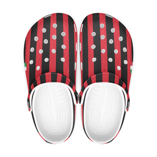 Milan Clogs shoes featuring a red and black striped design, soft EVA upper, and durable anti-slip outsole, suitable for indoor and outdoor wear.