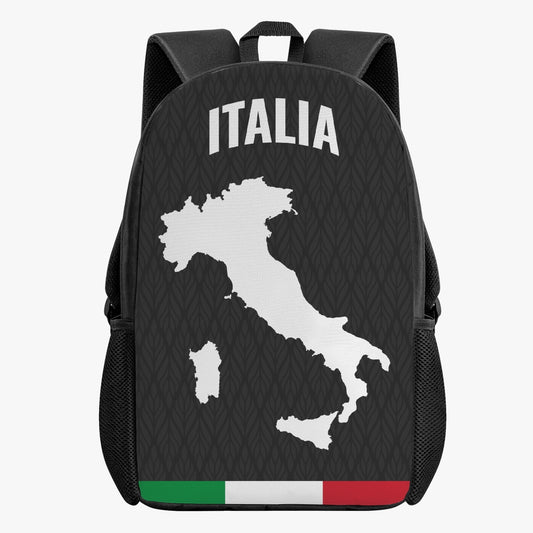 Italy Kid's School Backpack Black featuring a map design, made of polyester, with large interior, smooth zipper, and side pockets for bottles.