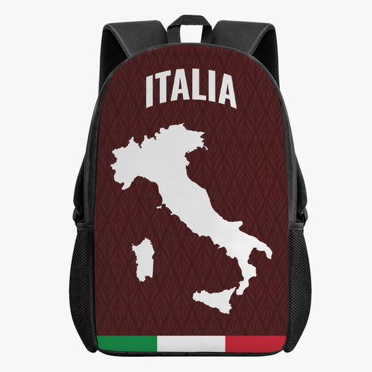 Italy School Backpack Red featuring a map design, made of durable polyester and PVC, includes two side pockets and a spacious interior for kids' essentials.