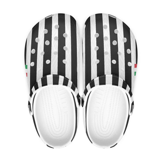 Juve Clogs shoes featuring black and white stripes, lightweight EVA upper, and durable anti-slip outsole, suitable for indoor and outdoor use, embodying Italian style.