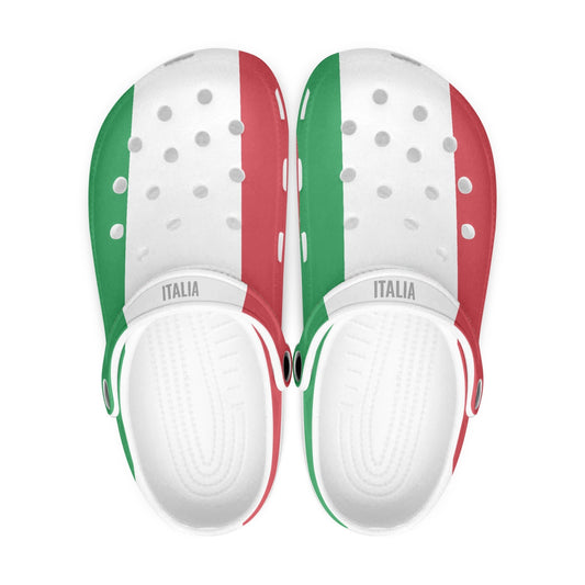 Italy Clogs shoes featuring a flag pattern, designed with soft EVA upper vamps and durable anti-slip outsole, suitable for indoor and outdoor use.