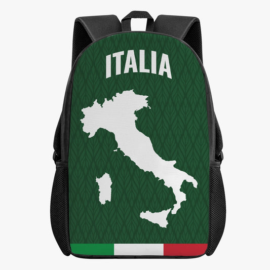 Italy School Backpack Green featuring a map design, ideal for kids, with high-quality polyester, PVC fabric, large interior, zipper closure, and side pockets for bottles.
