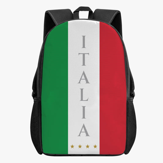 Italy Kid's School Backpack with flag design, featuring high-quality polyester, PVC fabric, two side pockets, smooth zipper closure, and spacious interior for essentials.