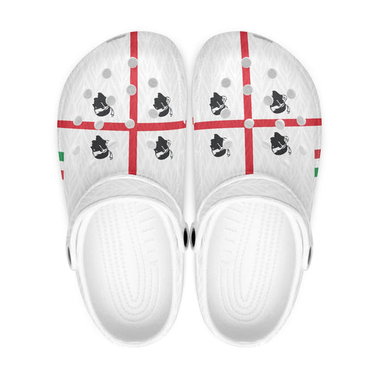 Sardegna Clogs shoes with red and black designs, featuring a soft EVA upper and anti-slip outsole, ideal for indoor and outdoor use.