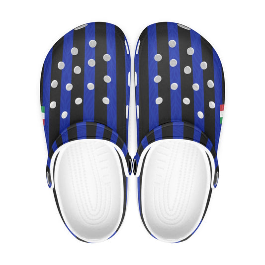 Inter Clogs shoes with blue and black stripes feature a lightweight EVA upper and durable anti-slip outsole, ideal for both indoor and outdoor use.