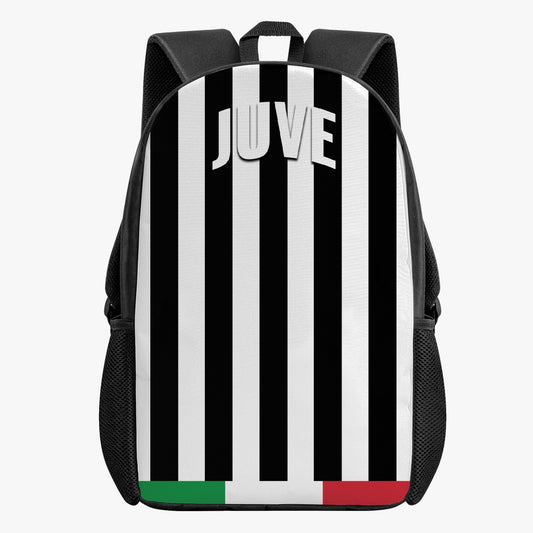 Juve Kid's School Backpack, featuring black stripes, classic zipper closure, and two side pockets, offers ample space for daily essentials.