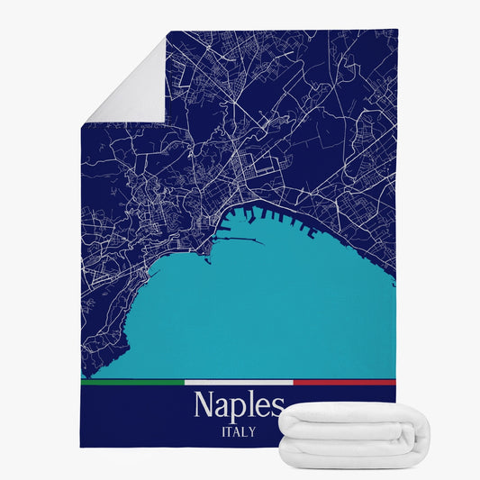 Naples City Map Fleece Blanket featuring a detailed city map design, crafted from premium suede polyester for warmth and comfort. Ideal for celebrating Italian heritage.